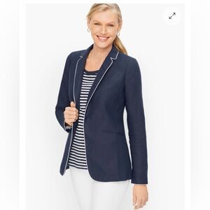 Talbots Classic Piped 100% Linen Navy Nautical Sailor Gold Button Blazer Jacket